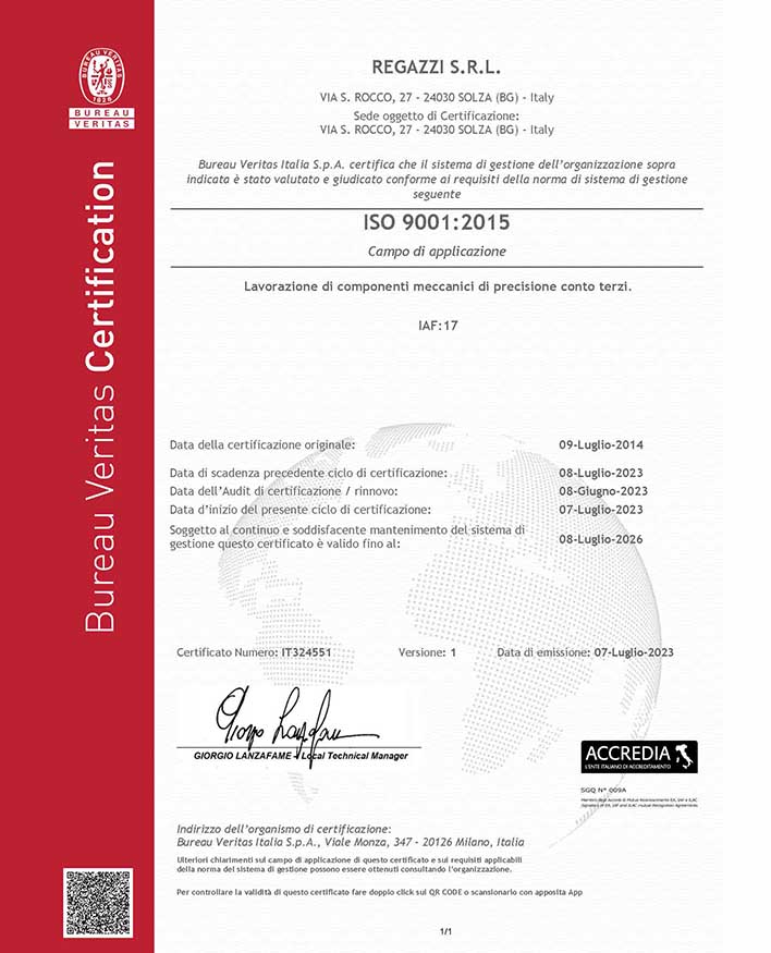 Certificazione UNI EN ISO 9001.2015 Regazzi Officine Meccaniche